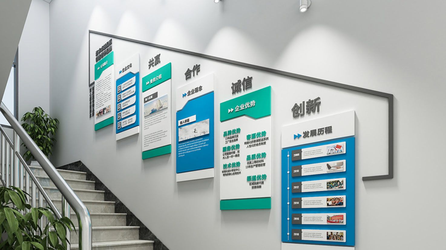 藍色公司發(fā)展歷程樓梯文化墻(圖6)